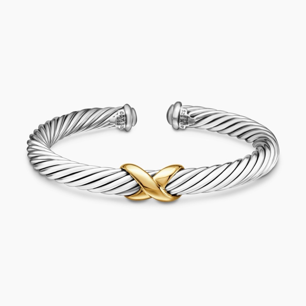 David Yurman X Classic Cable Station Bracelet Sterling Silver 14K Gold 7mm small